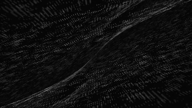 Abstract flowing lines of glowing white particles on black background dark atmosphere filled with shimmering light