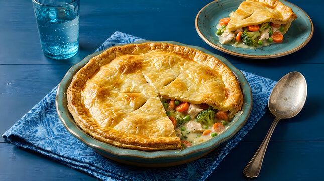 A delicious homemade chicken pot pie with a golden flaky crust served in a rustic blue ceramic dish