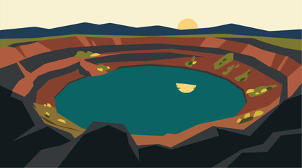 Fototapeta premium Stylized illustration of a deep open-pit mine with a blue lake at the bottom under a setting sun.