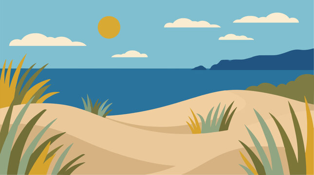 Minimalist flat illustration of a sunny beach landscape with sand dunes, coastal grass, blue ocean water, and a bright yellow sun in a clear sky.