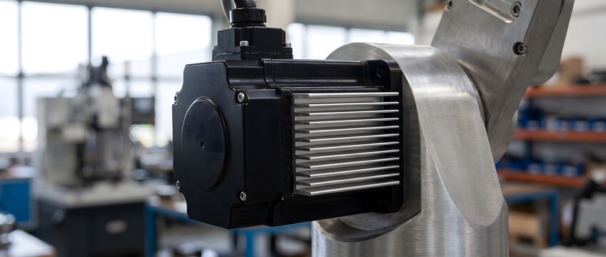 A close-up of an industrial servo motor mounted on a robotic arm, located in a manufacturing workshop setting.