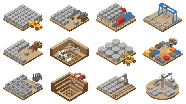 Sleek Isometric Illustrations of Industrial Machinery Handling Colorful Blocks and Materials in Warehouse Settings