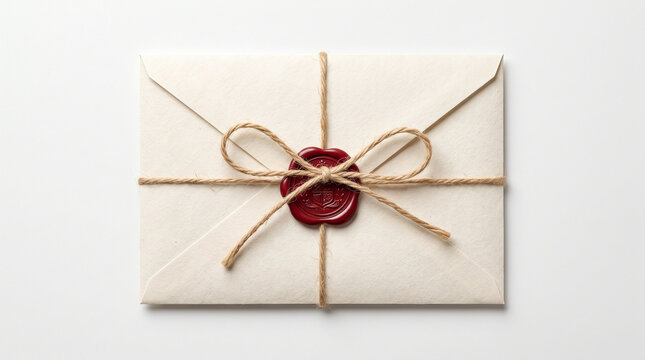 Beige paper envelope tied with twine and sealed with red wax on a clean white background