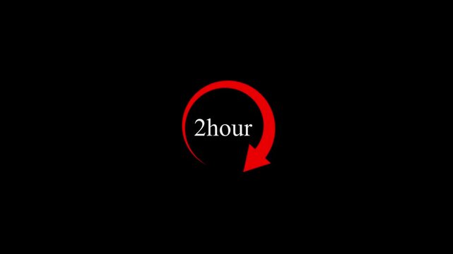 Red color clock and stopwatch icon animation with 2 hour time circle countdown on dark black background digital motion graphic design.