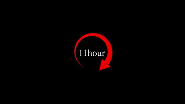 Red color clock and stopwatch icon animation with 11 hour time circle countdown on dark black background digital motion graphic design.