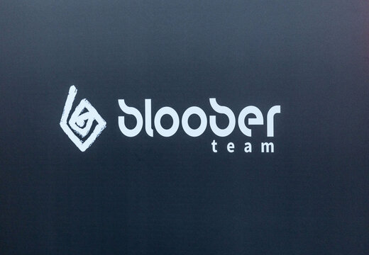 Cologne, Germany - August 26, 2026: Bloober Team logo displayed prominently on a dark background at a gaming trade fair showcasing brand identity and design elements