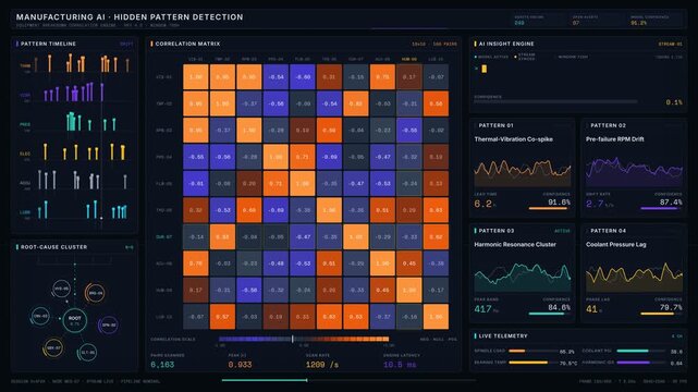 Explore a dark-mode manufacturing AI dashboard revealing hidden patterns behind equipment breakdowns with a dynamic correlation matrix and insightful data visualizations.