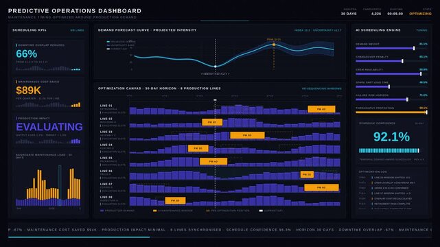 Explore a predictive operations dashboard showcasing maintenance timing optimized around production demand with a Gantt-style canvas and AI-driven insights in a sleek dark UI.