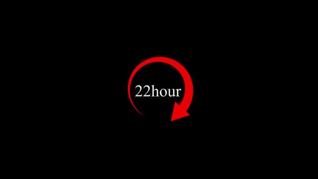 Red color clock and stopwatch icon animation with 22 hour time circle countdown on dark black background digital motion graphic design.