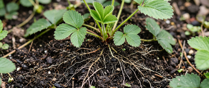 A close-up view of a young strawberry plant, showing its root system and green trifoliate leaves growing in dark garden soil.