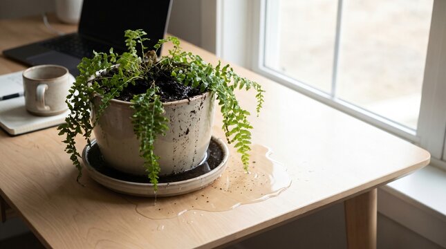 Overwatered Desk Plant Spilling Onto The Desk As A Micromanagement Metaphor
