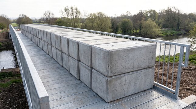 Load Testing Concept, Concrete Kentledge Blocks Stacked Along A New Footbridge Deck