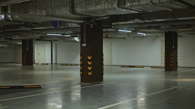 empty underground parking garage with several vacant spaces and concrete pillars. The well-lit area is organized with clear markings on the floor and walls