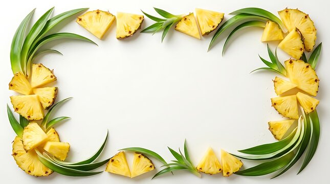 Fresh pineapple slices and green leaves arranged in a frame on a white background