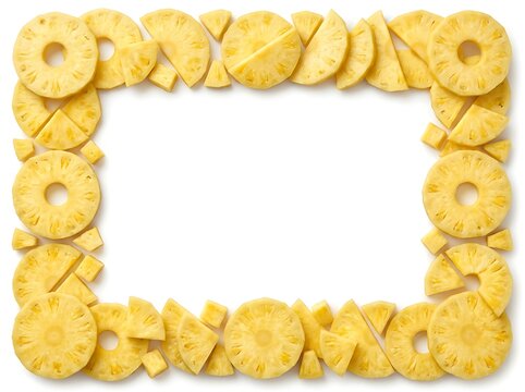 A rectangular frame made of fresh yellow pineapple rings and pieces isolated on a white background