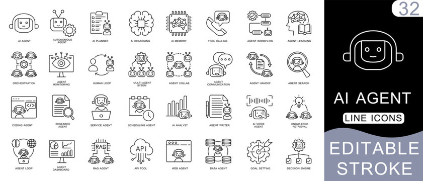 AI Agent Line Icon Set &ndash; Editable Stroke, Agentic AI, Autonomous Automation, LLM & Intelligent Workflow