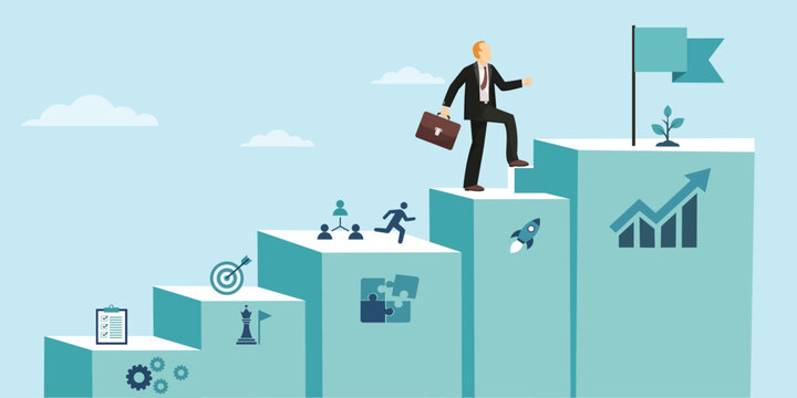 Businessman Climbing Career Steps for Business Success Concept