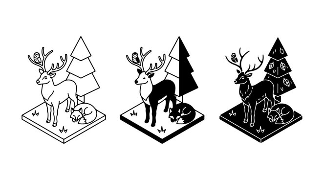Isometric Deer Forest Icons, Woodland Animals, Nature Scenes, Vector Set