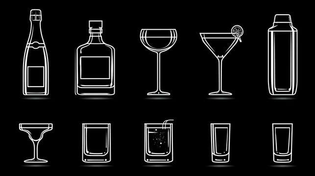 Beverage icon collection including champagne, whiskey, cocktails, and shot glasses in vector format 