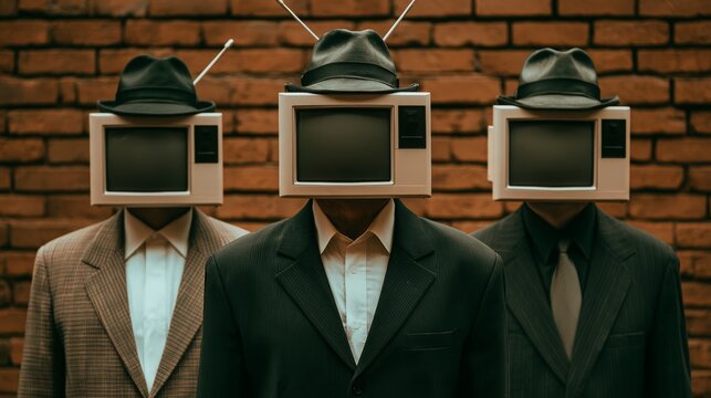 Businessmen with retro television heads standing against a brick wall background.