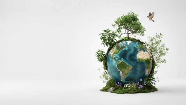 A miniature globe covered in lush green moss, small plants, and trees with a tiny bird flying above, isolated on a clean white background, symbolizing nature and ecology