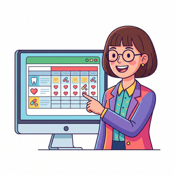 Cute cartoon office worker with a cheerful expression, holding or pointing at a medical billing spreadsheet on a screen, clean lines, vibrant colors, modern 