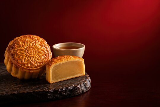Traditional mooncakes with lotus seed paste and tea