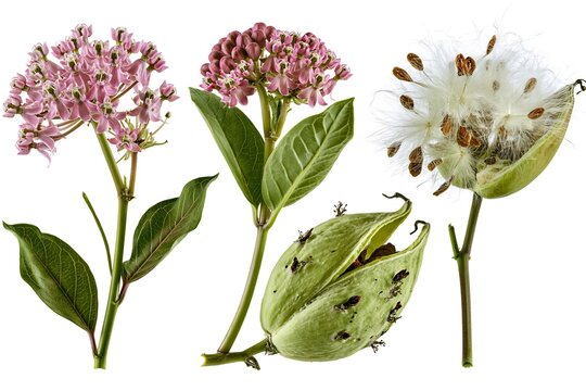 Collage of milkweed flowers, pods, and seeds isolated on white background