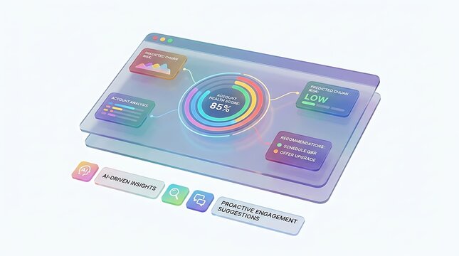 A glass interface displaying account health scores, predicted churn risk, and ai-driven insights with proactive engagement suggestions