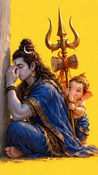 Lord Shiva with Baby Ganesha Beside Him, Divine Father and Son in Traditional Indian Attire, Shiva with Trishul and Damaru, Tender Hindu Mythology and Devotional Artwork