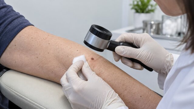 Dermatologist examining mole with dermatoscope and gauze