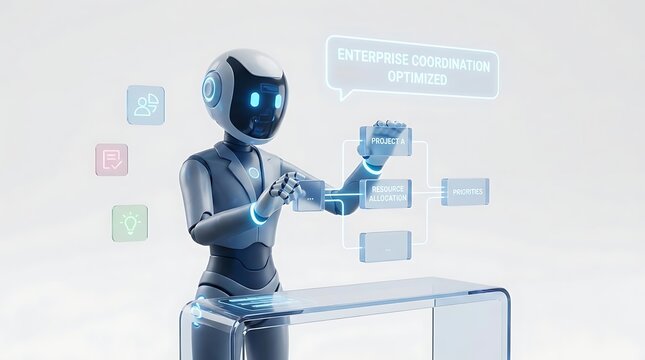 A humanoid robot interacting with a floating digital interface for enterprise coordination, resource allocation, and project management