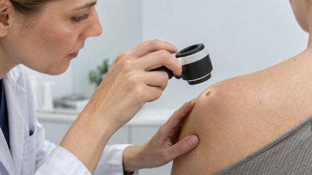 Dermatologist examining mole on patient shoulder with dermatoscope