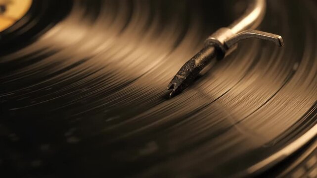 A record player needle traces the grooves of a spinning vinyl record in warm light, capturing the nostalgic detail of analog music playback.