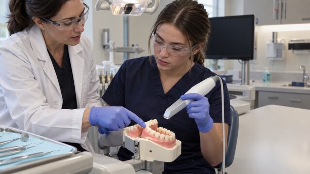 Dental instructor training student with intraoral scanner