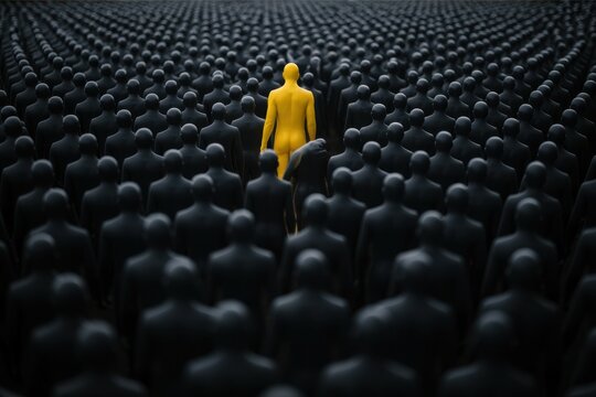 A solitary bright yellow human figure standing out in a vast crowd of identical black silhouettes representing individuality and nonconformity in a dark conceptual scene