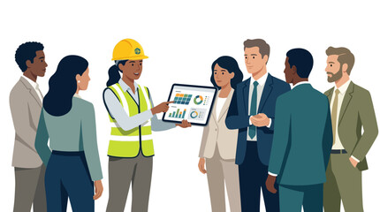 Obraz premium Female Engineer Presenting Construction Data on Tablet to Diverse Business Team Vector Illustration