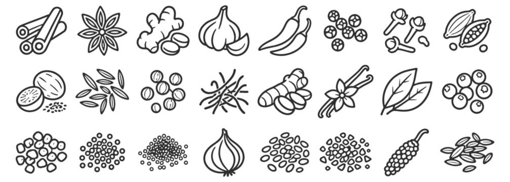 Spice line icon set. Cinnamon, star anise, ginger, garlic, chili, vanilla, cacao, berries and seeds linear vector illustration. Outline doodle signs for seasoning, cooking herbs, flavor ingredients.