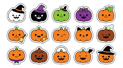Fototapeta premium Set of cute kawaii halloween pumpkin stickers with various expressions and accessories for seasonal holiday decoration and scrapbooking