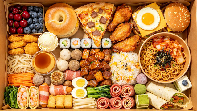 Top view large mixed fusion feast in kraft takeaway boxRestaurant poster, food ads, menu artwork, social media food post