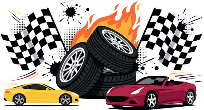 Car Racing Championship Background with Sports Cars Tires Burning Flame and Checkered Flags
