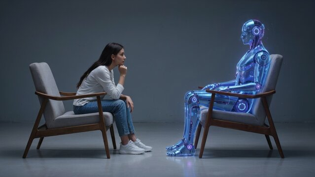 A young woman sitting in a chair having a conversation with a futuristic glowing blue artificial intelligence humanoid robot sitting in an opposite chair in a dark room
