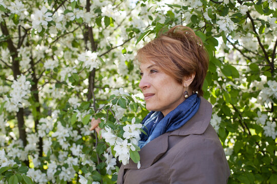 Elegant senior woman with short hair smiling and enjoying spring apple flowers on blossom background. Female person 60 years old