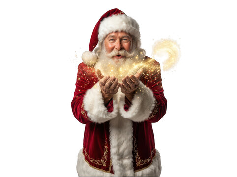 Santa Claus blowing magical glowing sparkles from his hands isolated on transparent background. Great for Christmas magic concepts and festive holiday greeting banners.