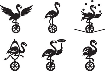 Set of black vector illustrations featuring circus flamingos riding unicycles and performing various stunts. © Mucha