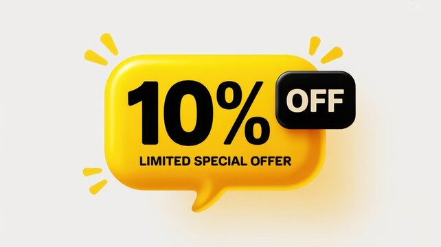 3d yellow speech bubble with 10 percent off text for limited special offer promotion and e-commerce marketing on a clean light gray background