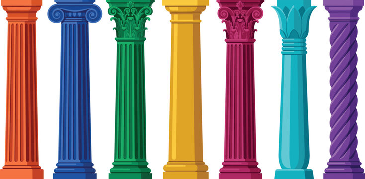 Colorful classical architecture column vector set featuring greek roman ionic doric corinthian pillars and ancient monument elements