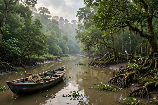 Beautiful Sundar and mangrove forest with traditional wooden boat on quiet river
