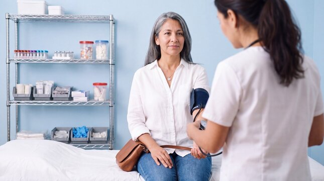 A medical professional takes a patient's blood pressure in a clean, well-lit examination room, emphasizing attentive care and health monitoring.