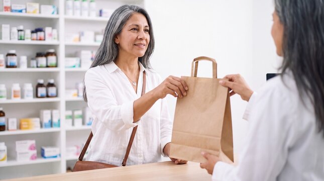 A kind pharmacist hands a shopping bag to a satisfied customer in a pharmacy, showcasing a moment of helpful service and care. The shelves in the background are stocked with medications.
